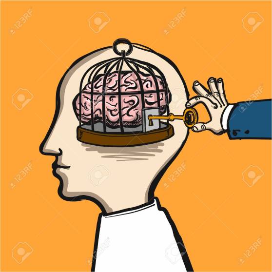 opening mind - conceptual vector illustration of cage in head wi
